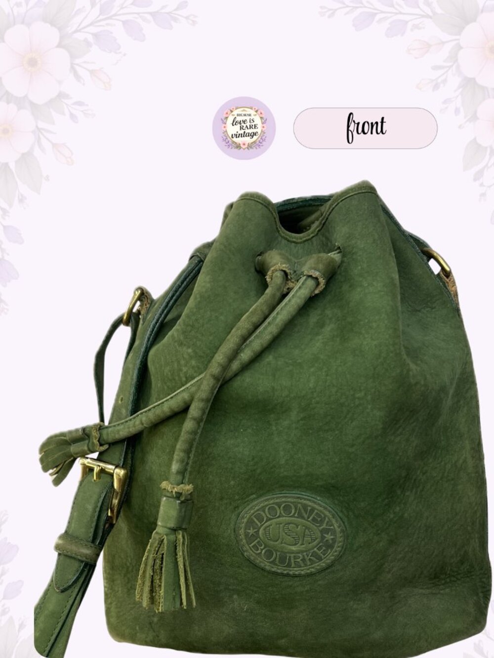 Vintage Dooney & Bourke Leather Bucket Bag • 1990s Green Suede Drawstring Purse - Picture 2 of 15